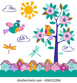 The blossoming tree with the bird sitting on a branch. A bird with a flower. Color lodges. Bright color cheerful picture. A vector illustration for a background or a card.