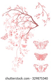 blossoming tree branches with flying butterflies - vector design element