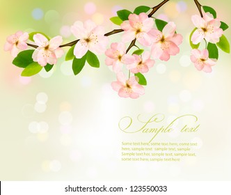 Blossoming Tree Brunch With Spring Flowers On Green Background. Vector Illustration.