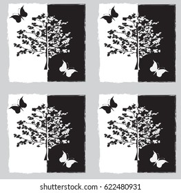 Blossoming tree with a butterfly on a black and white background