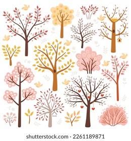 Blossoming tree illustrations flat icons set. Orchard with different bare plants and bushes. Spring decorative shrubs with small flowers. Color isolated illustrations