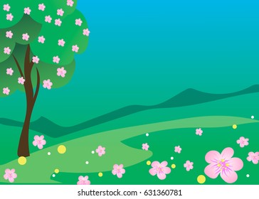 Blossoming tree on glade vector illustration EPS10