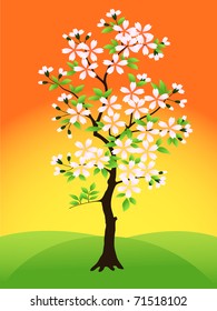Blossoming tree on a green hill against a rising sun. Vector.