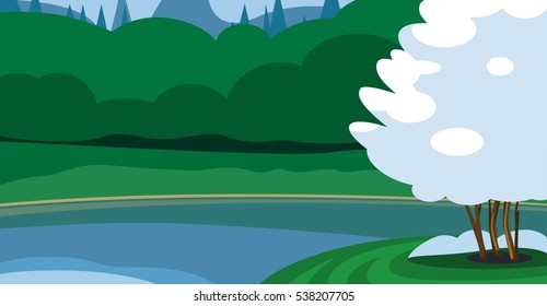 Blossoming tree on an island in the lake. Vector flat illustration