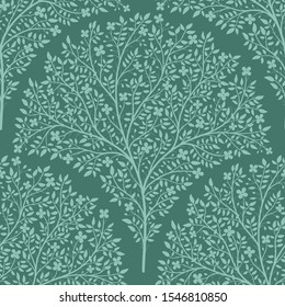 Blossoming tree Scallop seamless vector pattern, Cherry blossom on tree branches with leaves and twigs