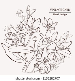 Blossoming vector flowers on white.Vintage card. Hand-drawn contour lines and strokes. Element for design.