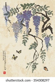 The blossoming wistaria and butterflies. Vector illustration. Hieroglyph "harmony"