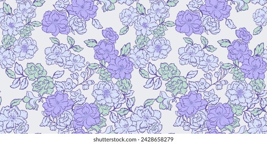 Blossoms abstract artistic spring or summer meadow seamless pattern. Colorful violet stylized floral background. Vector hand drawn lines flowers. Collage for designs, printing, patterned, fabric