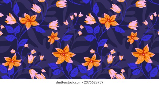 Blossoms abstract branches flowers bell and stem leaves seamless pattern. Vector hand drawn. Template for design, fabric, fashion, wallpaper, surface design.