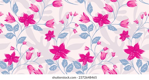 Blossoms abstract branches flowers, bells, leaves seamless pattern. Vector hand drawn flowers stem pink colorful print. Template for design, fabric, fashion, wallpaper, surface design.