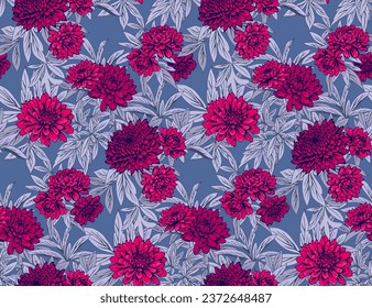 Blossoms beautiful flowers and branches leaves seamless pattern. Vector hand drawn abstract, artistic red dahlias, peonies and leaves illustration.  Template for design, textile, fashion, print