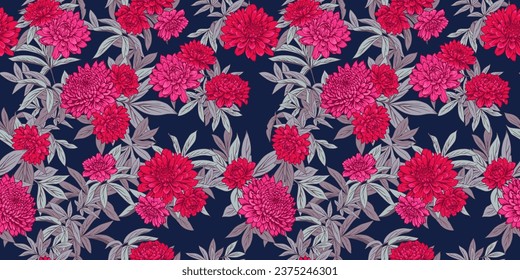 Blossoms beautiful flowers and leaves seamless pattern. Vector hand drawn. Abstract red dahlia, peonies with grey leaves stem on a black background print. Template for design, fabric, fashion