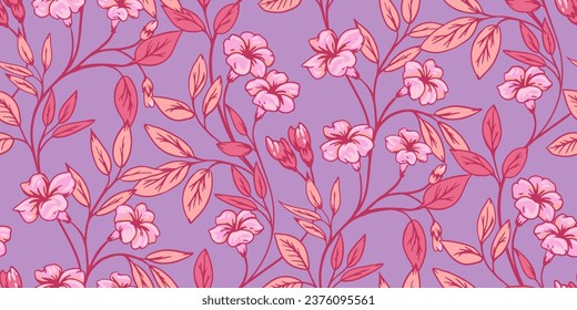 Blossoms branches with flowers seamless pattern. Vector hand drawn. Artistic, abstract branches floral and leaves, buds on a purple print. Template for design, fabric, fashion, textile, wallpaper