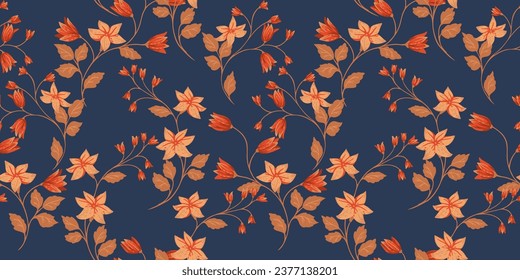 Blossoms branches with flowers seamless pattern. Vector hand drawn. Artistic, abstract gently, gold  branches floral and leaves, buds on a turquoise print. Template for design, fabric, fashion, 