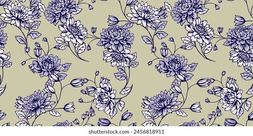 Blossoms branches with large flowers, leaves, buds seamless pattern. Vector hand drawn. Artistic, abstract floral stems printing. Template for designs, fabric, fashion, textile, wallpaper