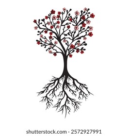 Blossoms Cherry  Tree Root Black silhouette. Nature of tree vector 