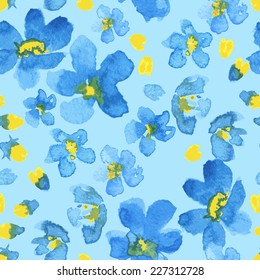 blossoms flowers vector. romantic vector seamless floral pattern of blue flowers and yellow flowers on a blue background. vector watercolor illustration. 