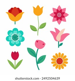 Colección de iconos de flores. Color duotono. Ilustración vectorial. Contiene flores, plumeria, hibisco, flor de cerezo, loto, violeta africana, sakura, mugunghwa, edelweiss, tulipán, anémona, pétalos.