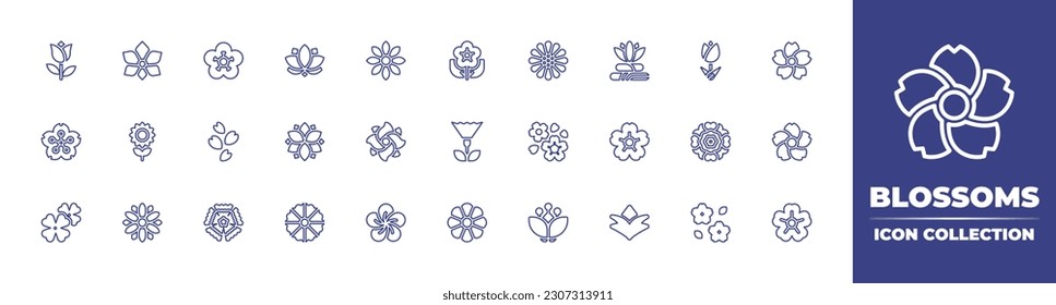 Kollektion von Symbolen für Blüten. Bearbeitbarer Strich. Vektorgrafik. Rose, Orchidee, Aprikosen, Lotus, Blume, Calendula, Spa, Tulpe, Kirschblüte, Sonnenblume, Sakura, Poinsettia, Jasmin.