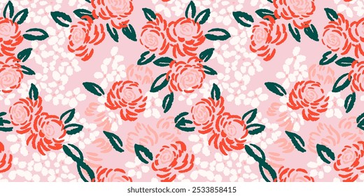 Blossoms seamless pattern with abstract, artistic shapes rose flowers, leaves, buds.  Vector hand drawn sketch. Colorful floral brush ornament on a pink background. 