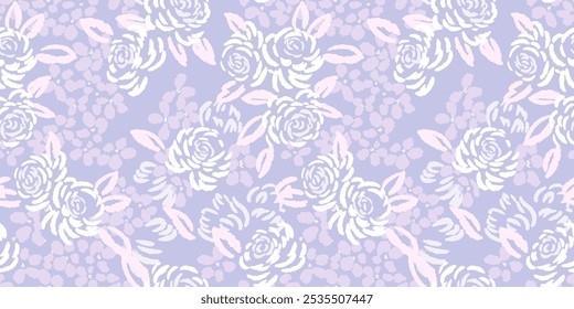 Blossoms seamless pattern with abstract, artistic shapes rose flowers, leaves, buds. Pastel purple floral brush ornament on a violet background. Vector hand drawn sketch.