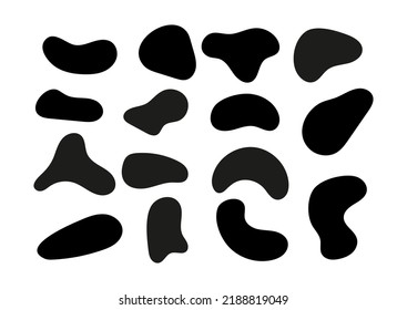 Blot abstract irrecular uneven shape set. Black ink drop or spot random organic or animal splotch. Flat design vector illustration collection.