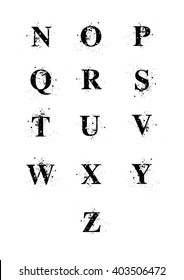 Blot Font letters N to Z. A black serif font with ink splatters. Letters individually grouped for easy removal, or alternate placement, of background ink. EPS10 vector format. 