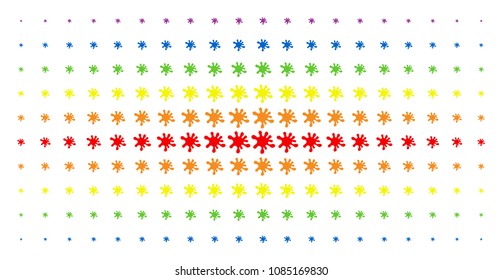 Blot icon rainbow colored halftone pattern. Vector blot symbols are arranged into halftone grid with vertical rainbow colors gradient. Designed for backgrounds, covers,