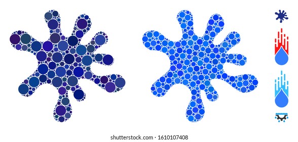 Blot mosaic of filled circles in various sizes and color tints, based on blot icon. Vector filled circles are composed into blue composition. Dotted blot icon in usual and blue versions.