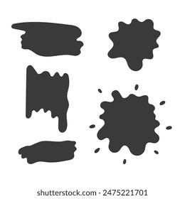Blot and Paintbrush Strokes Set. Black liquid spots and stains silhouette collection with splashes and drops. Isolated vector illustration