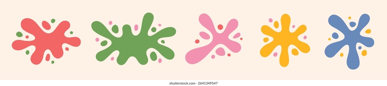 Blot shapes set, colorful splashes collection with uneven fluid rounded wavy edge. Paint spots, blots, puddles, stains with drops, blobs. Liquid watery graphic design elements, funky text backgrounds.