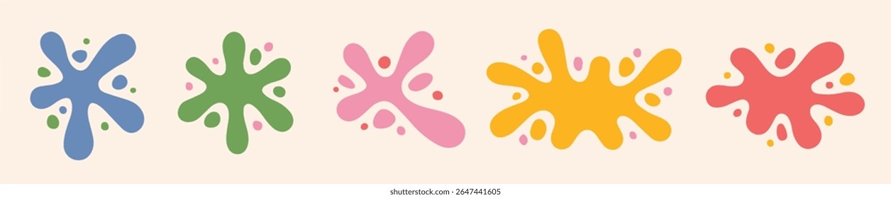 Blot shapes set, colorful splashes collection with uneven fluid rounded wavy edge. Paint spots, blots, puddles, stains with drops, blobs. Liquid watery graphic design elements, text backgrounds. eps