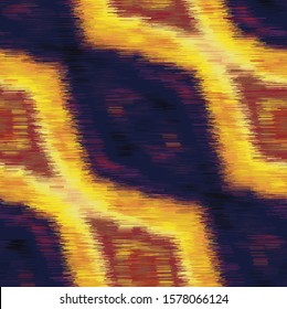 Blotched Space Dyed Glow Diamond Stripe Background. Texture. Mottle Effect Seamless Pattern. Vibrant Diagonal Stripe Ikat Textile. Gold Melange Chevron Allover Print. Vector Repeat Tile Eps 10