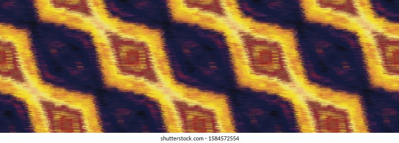 Blotched Space Dyed Glow Diamond Stripe Banner Background. Texture. Mottle Effect Seamless Pattern. Vibrant Diagonal Border Stripe Ikat Textile. Gold Melange Chevron Edging. Vector Ribbon Trim Eps 10