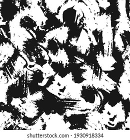 Blots camo seamless background. Chaotic monochrome pattern of paint splashes spots. Vector hand drawn camouflage texture for printing on fabric. Grunge  black and white ink wallpaper