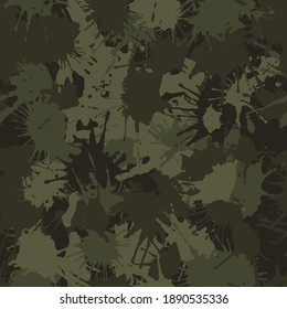 Blots Camo Seamless Chaotic Pattern Of Paint Splashes Spots. Vector Hand Drawn Camouflage Texture For Printing On Fabric. Urban Ink Grunge Background