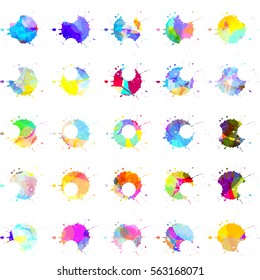Blots collection. White background with cut out stains covers a mix of transparent layers with colorful sots. Watercolor effect.
