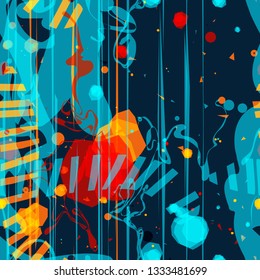 Blots, curved lines, stripes, vertical lines mix random. Bright seamless texture. Abstract vector background for web page, banners backdrop, fabric, home decor, wrapping