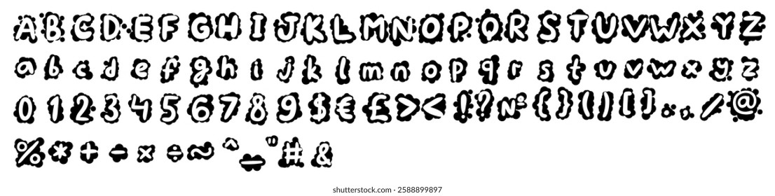 Blots english latin abc alphabet font with digits and symbols handwritten A to Z, 0 to 9 collection. Vector black illustration in doodle style isolated on white background. For design, branding, menu.