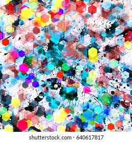 Blots and hexagons. Grunge seamless texture. Abstract vector pattern for fabric, wrapping, home decor. 