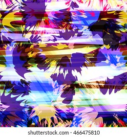 Blots and intersecting horizontal stripes. White, yellow, violet, red. Abstract seamless vector background. For fabric, paper packaging, home design, book covers.