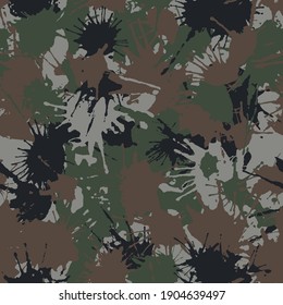 Blots khaki camo seamless chaotic pattern of paint splashes spots. Vector hand drawn camouflage texture for printing on fabric. Urban ink grunge background