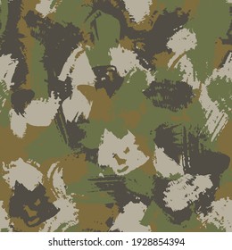 Blots khaki camo seamless chaotic pattern of paint splashes spots. Vector hand drawn camouflage texture for printing on fabric. Urban ink grunge background