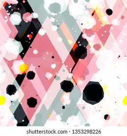 Blots and rhombus seamless texture. Pink, grey, black, yellow, white color 