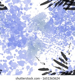 Blots Seamless Pattern. Fashion Concept. Distress Print. Blue, Teal Illustration. Dirty Surface Textile. Ink Stains. Spray Paint. Splash Blots. Artistic Creative Vector Background.