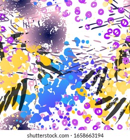 Blots Seamless Pattern. Fashion Concept. Distress Print. Color, Bright Illustration. Dirty Surface Textile. Ink Stains. Spray Paint. Splash Blots. Artistic Creative Vector Background.