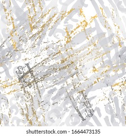 Blots Seamless Pattern. Fashion Concept. Distress Print. Black, Gold Illustration. Dirty Surface Textile. Ink Stains. Spray Paint. Splash Blots. Artistic Creative Vector Background.