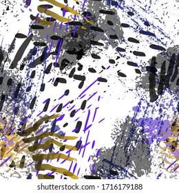 Blots Seamless Pattern. Fashion Concept. Distress Print. Color, Bright Illustration. Dirty Surface Textile. Ink Stains. Spray Paint. Splash Blots. Artistic Creative Vector Background.