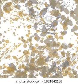Blots Seamless Pattern. Fashion Concept. Distress Print. Black, Gold Illustration. Army Surface Textile. Ink Stains. Spray Paint. Splash Blots. Artistic Creative Vector Background.