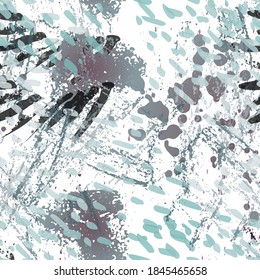 Blots Seamless Pattern. Fashion Concept. Distress Print. Black, White Illustration. Summer Surface Textile. Ink Stains. Spray Paint. Splash Blots. Artistic Creative Vector Background.